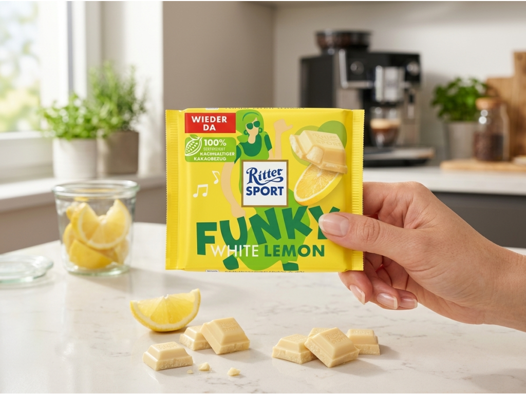 Ritter Sport Funky White Lemon tabulka v ruce