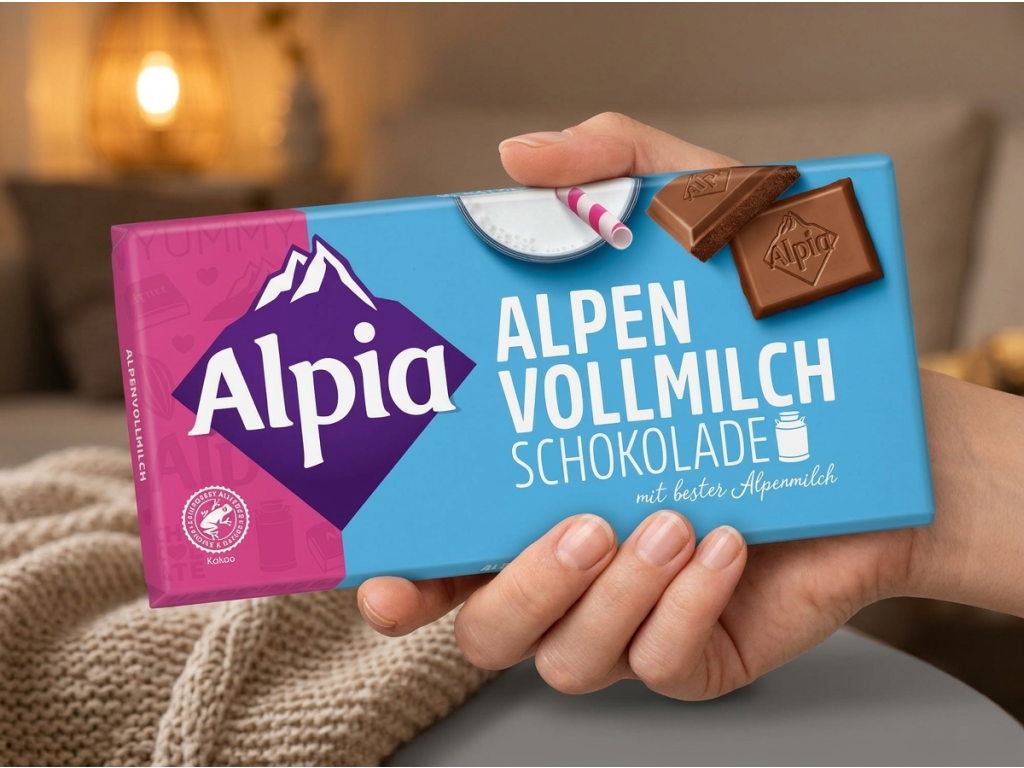 Alpia alpská mléčná čokoláda 100 g držená v ruce
