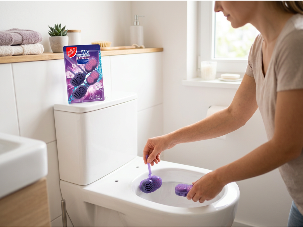 Žena zavěšuje G&G WC blok pod okraj toaletní mísy
