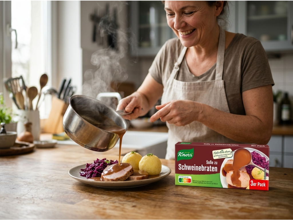 Příprava Knorr omáčky k vepřové pečeni v kuchyni