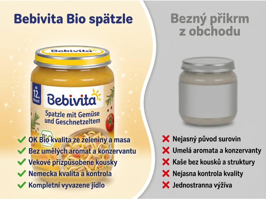 Bebivita 12+ Bio špecle - srovnání s běžným příkrmem