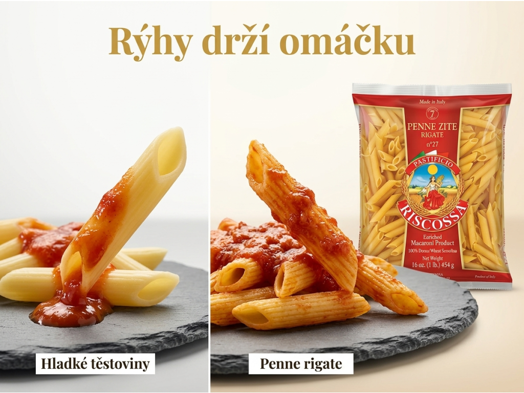 Srovnání rýhovaných penne s hladkými těstovinami