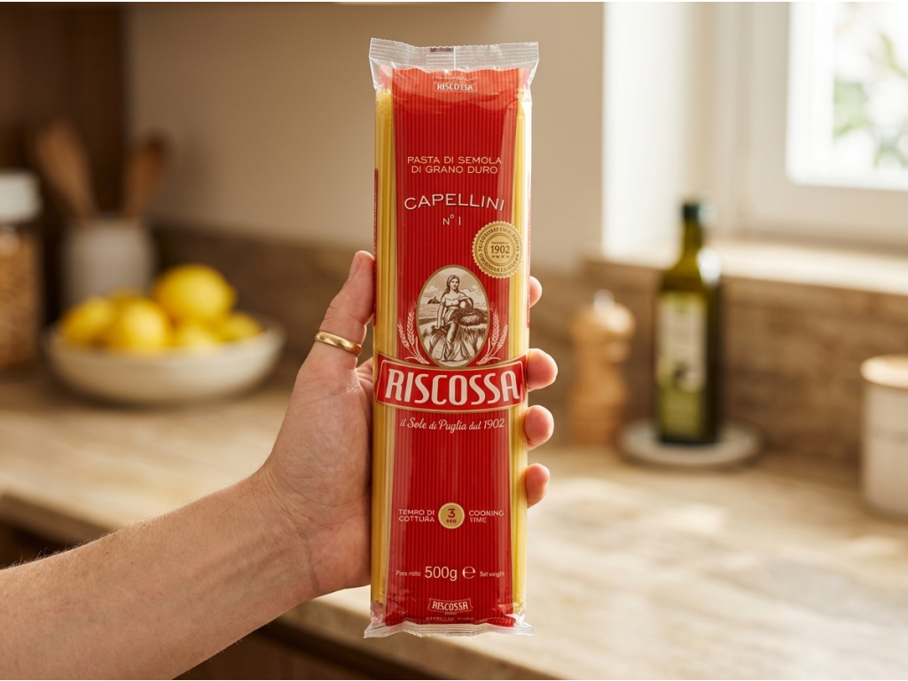 Balení Riscossa Capellini 500 g v ruce