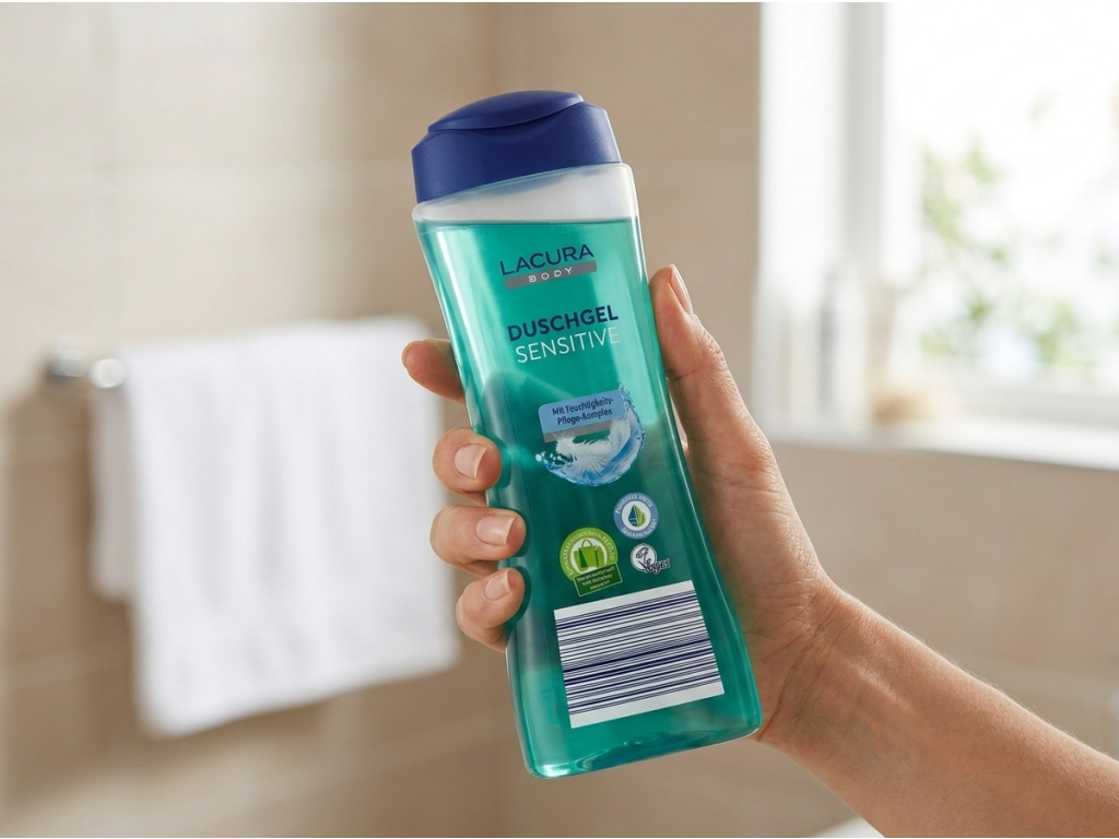 Lacura sprchový gel Sensitiv 400 ml držený v ruce