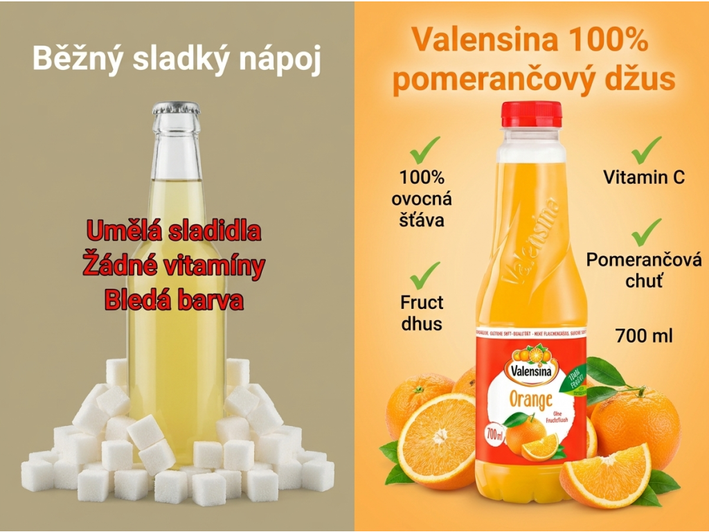 Srovnání Valensina 100% džusu s běžným nápojem