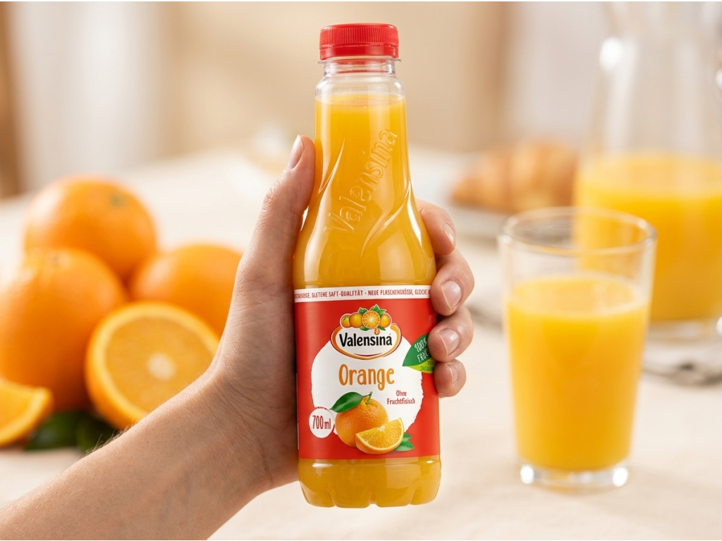 Lahev Valensina Orange držená v ruce