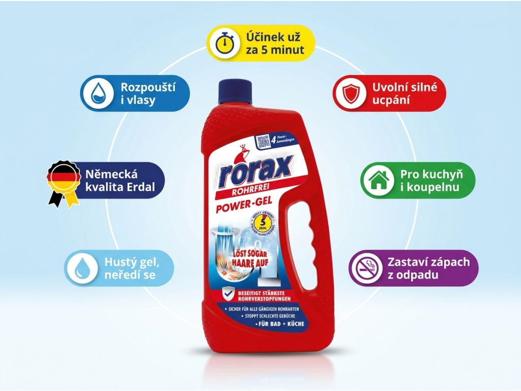 Rorax Power Gel čistič potrubí 1l - přehled hlavních výhod