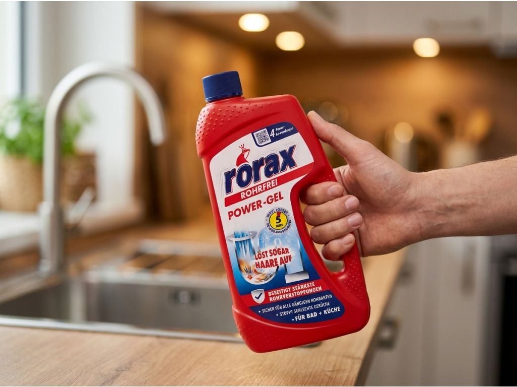 Rorax Power Gel čistič potrubí 1l - držení lahve v ruce