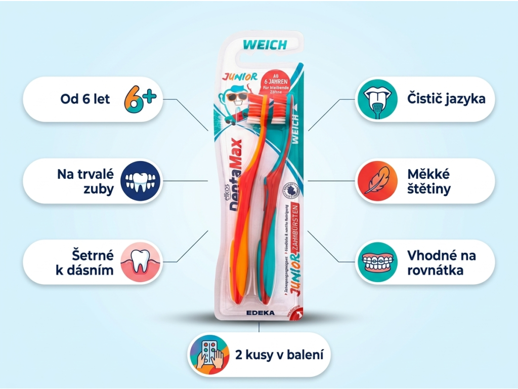 Diadent Junior 6+ zubní kartáčky měkké 2 ks - přehled výhod