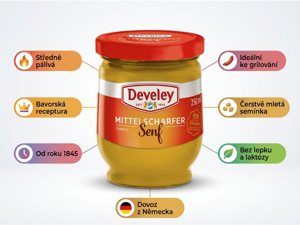 Develey středně pálivá hořčice - přehled výhod