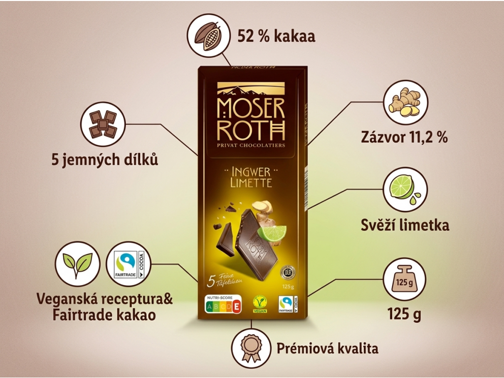 Moser Roth hořká čokoláda s limetkou a zázvorem - přehled vlastností