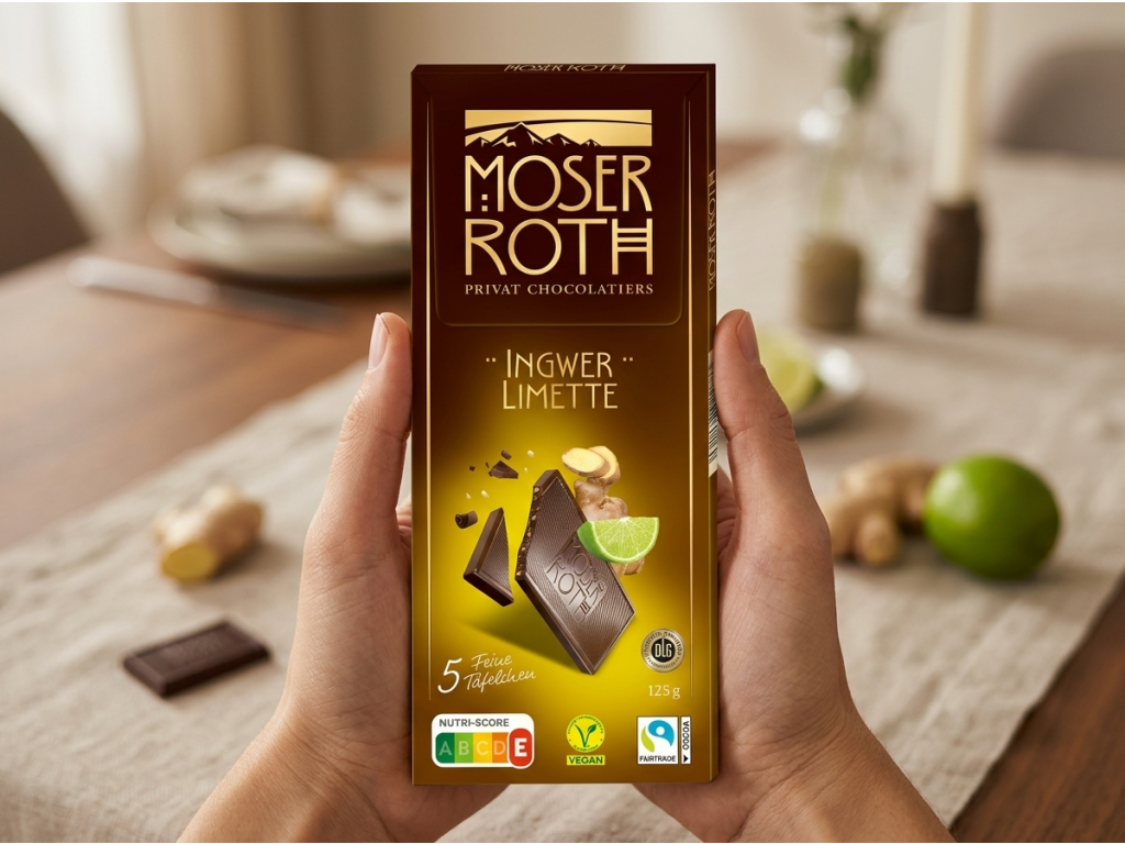 Balení Moser Roth hořké čokolády s limetkou a zázvorem v ruce