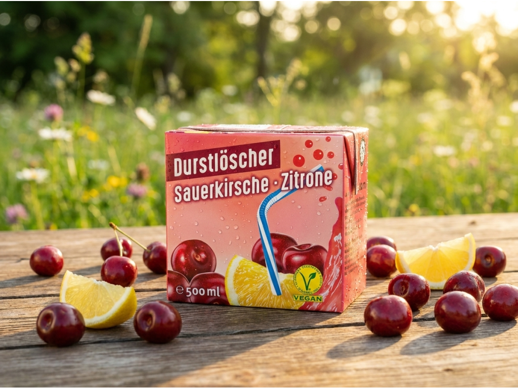 Durstlöscher višeň a citron 500 ml v letním prostředí