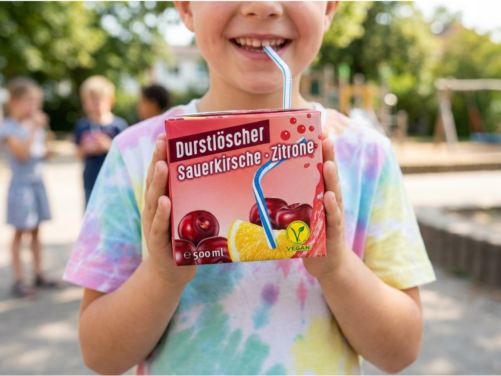 Dítě pije Durstlöscher višeň a citron 500 ml