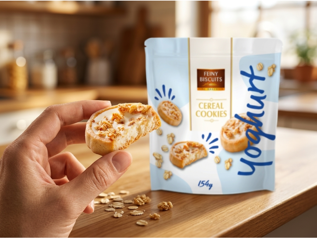 Feiny Biscuits cereální sušenky s jogurtem 154 g držené v ruce