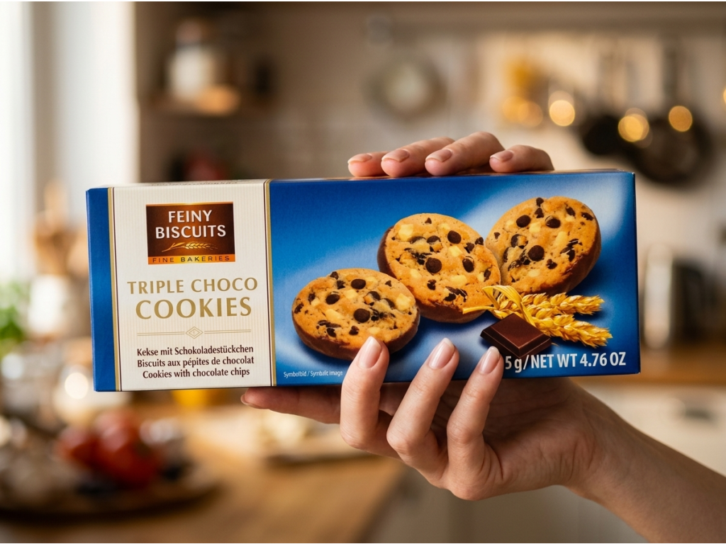 Balení Feiny Biscuits Triple choko Cookies v ruce