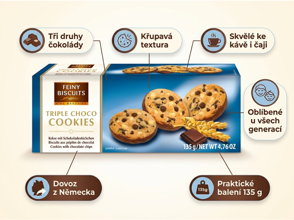 Feiny Biscuits Triple choko Cookies - přehled výhod