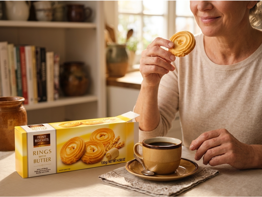 Žena si vychutnává Feiny Biscuits máslové sušenky ke kávě