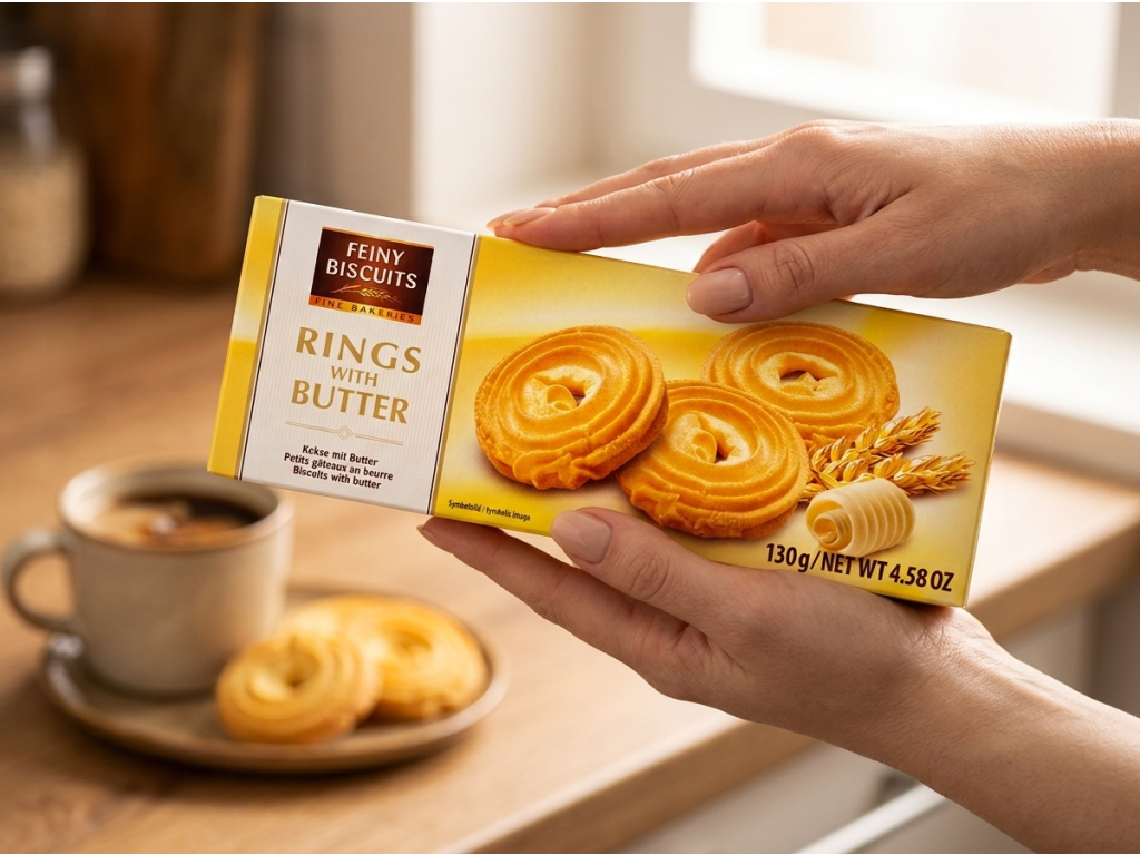 Feiny Biscuits máslové kroužky držené v ruce