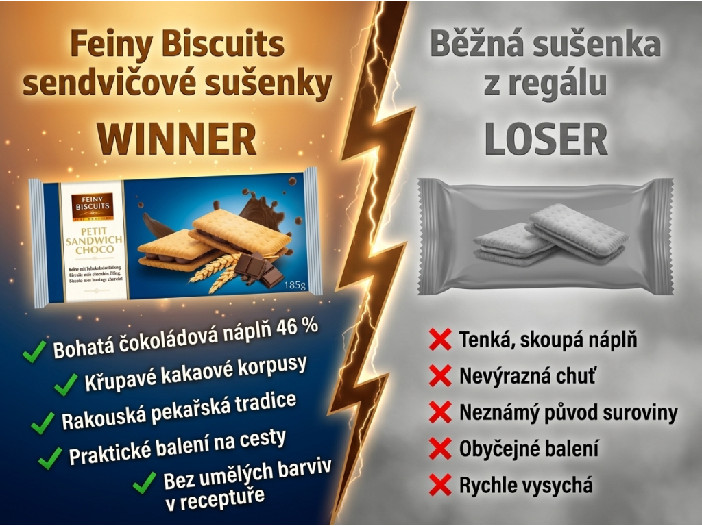 Feiny Biscuits kakaové sušenky s čokoládovou náplní 185 g - srovnání s běžnou sušenkou