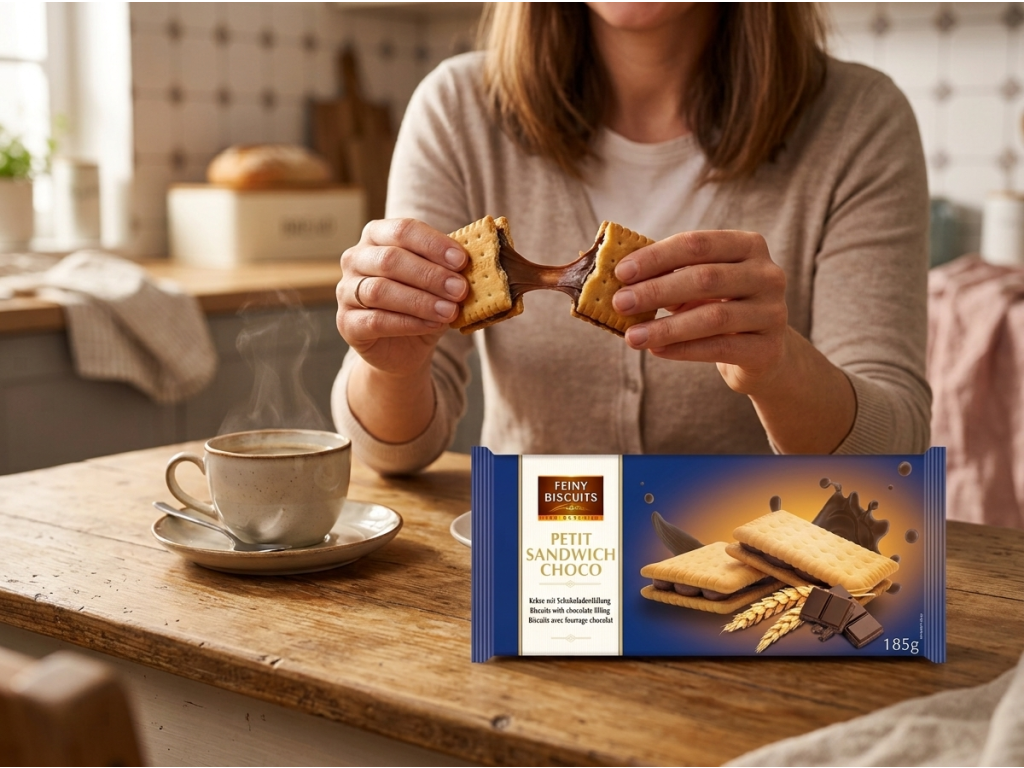 Feiny Biscuits kakaové sušenky s čokoládovou náplní 185 g při konzumaci