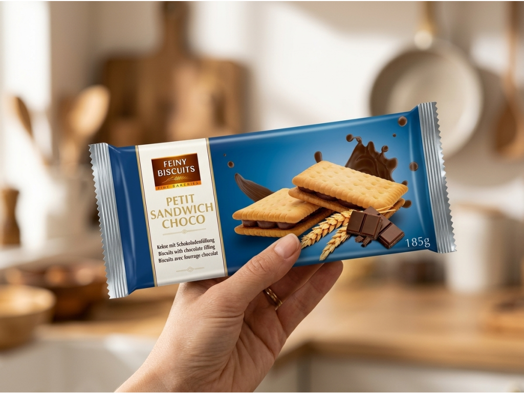 Feiny Biscuits kakaové sušenky s čokoládovou náplní 185 g držené v ruce