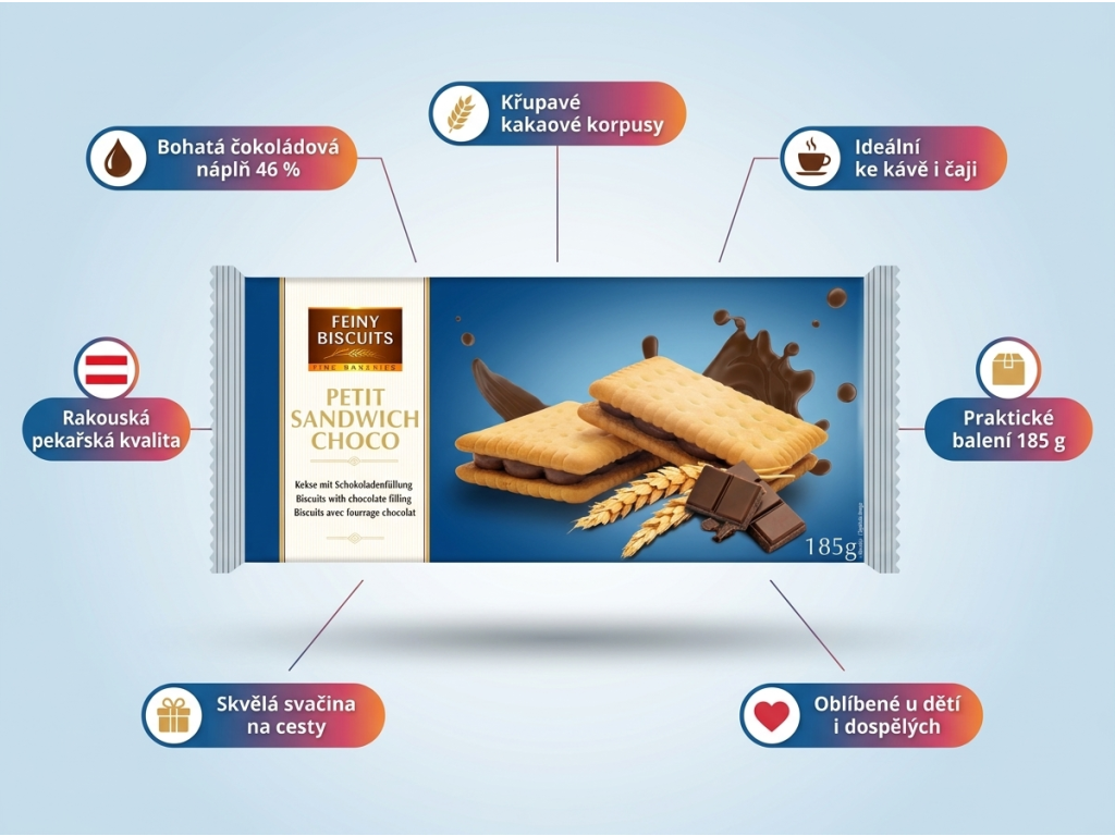 Feiny Biscuits kakaové sušenky s čokoládovou náplní 185 g - infografika výhod