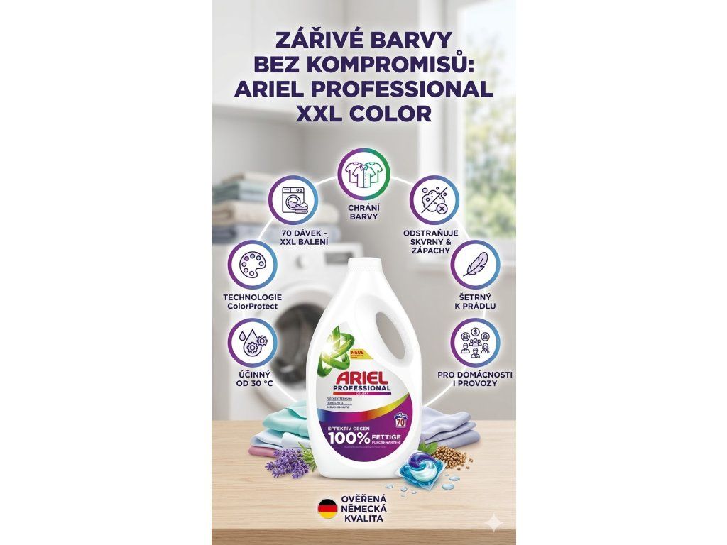 Ariel Professional XXL prací gel Color 70 dávek 3,15 l - infografika s hlavními benefity
