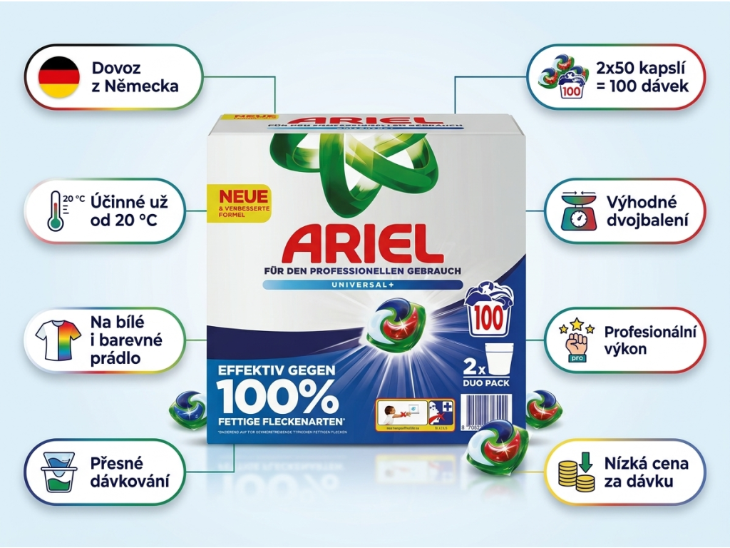 Ariel Professional gelové kapsle - infografika výhod dvojbalení 2x50
