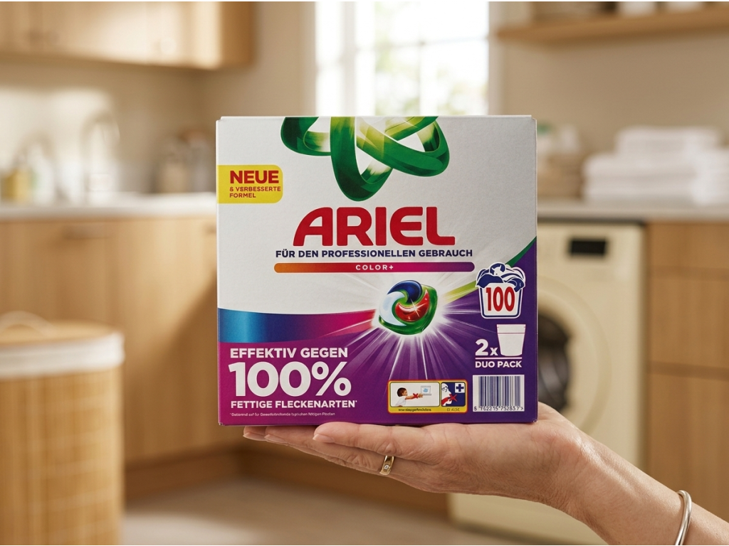 Krabička kapslí Ariel Professional Color v ruce