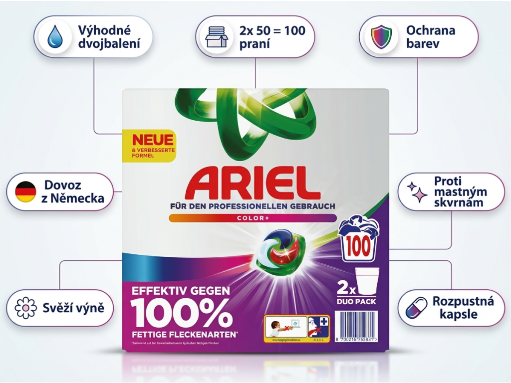 Ariel Professional gelové kapsle Color - infografika výhod