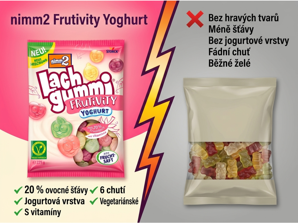 nimm2 Frutivity ovocné želé s jogurtem 225 g - srovnání s běžným želé
