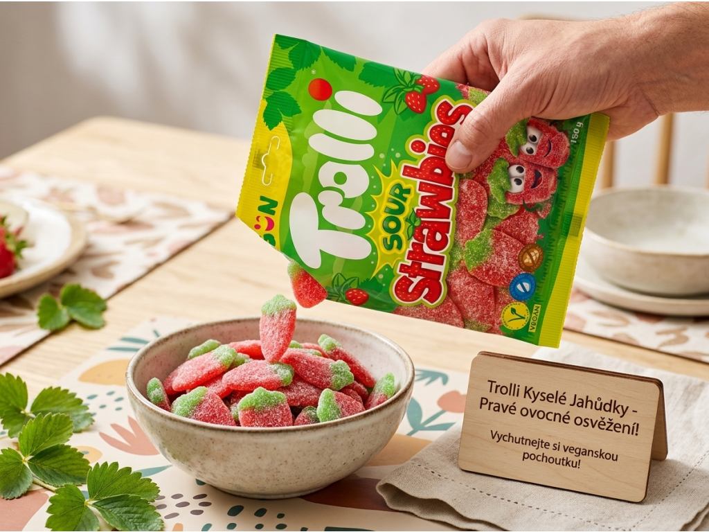 Sypání kyselých jahůdek Trolli do misky