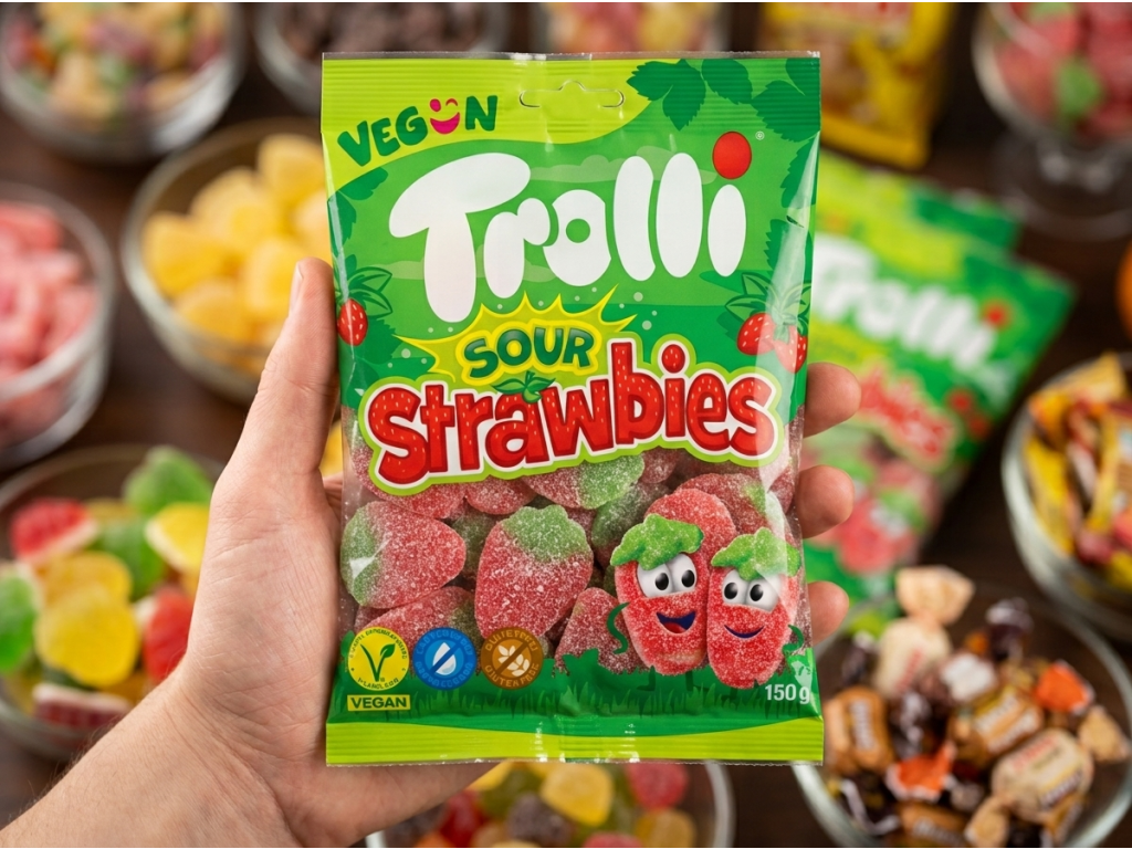 Sáček Trolli kyselé jahůdky držený v ruce