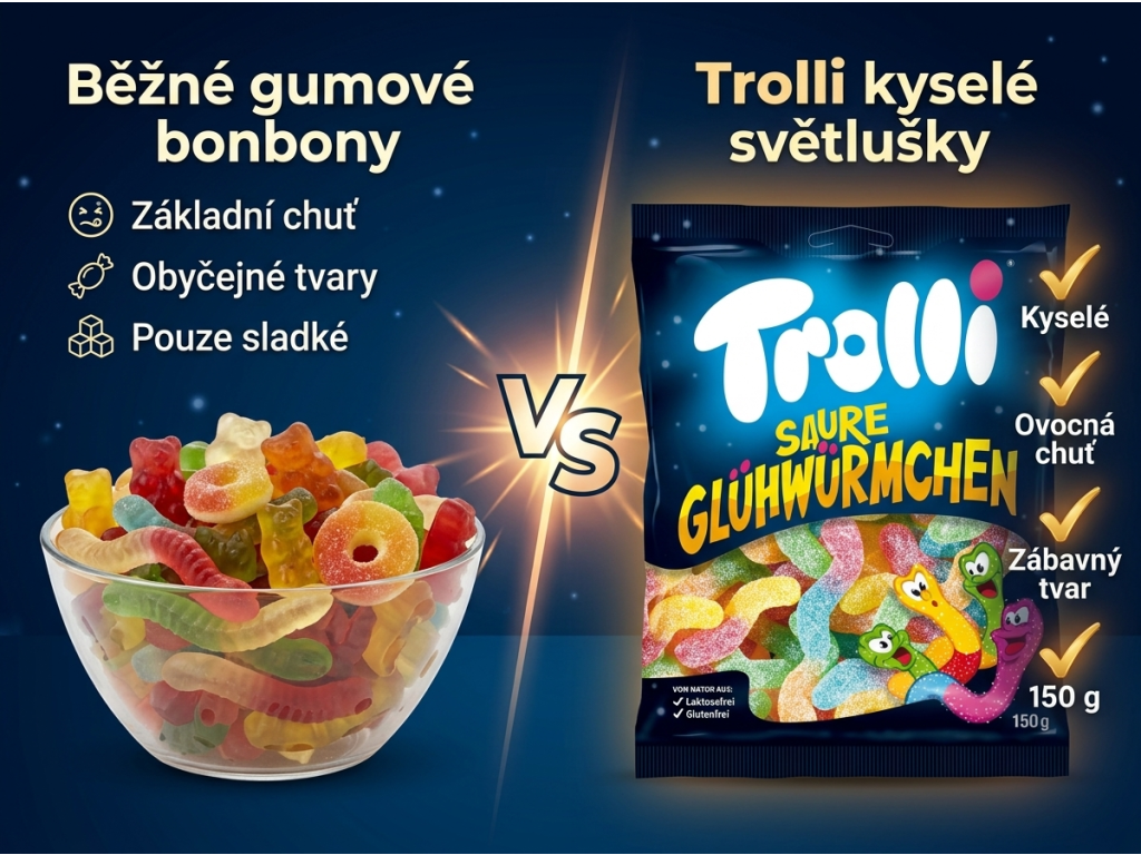 Srovnání Trolli kyselých světlušek s běžnými gumovými bonbony