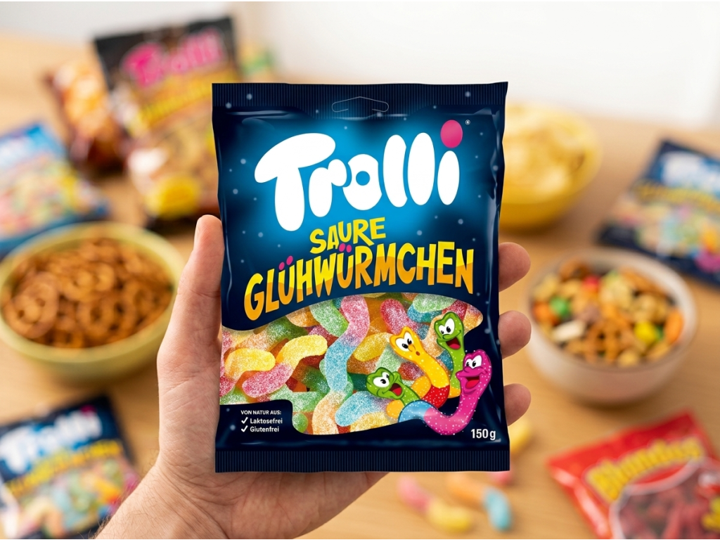 Sáček Trolli kyselé světlušky držený v ruce