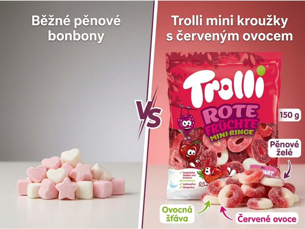 Srovnání Trolli ovocných kroužků s běžnými bonbony