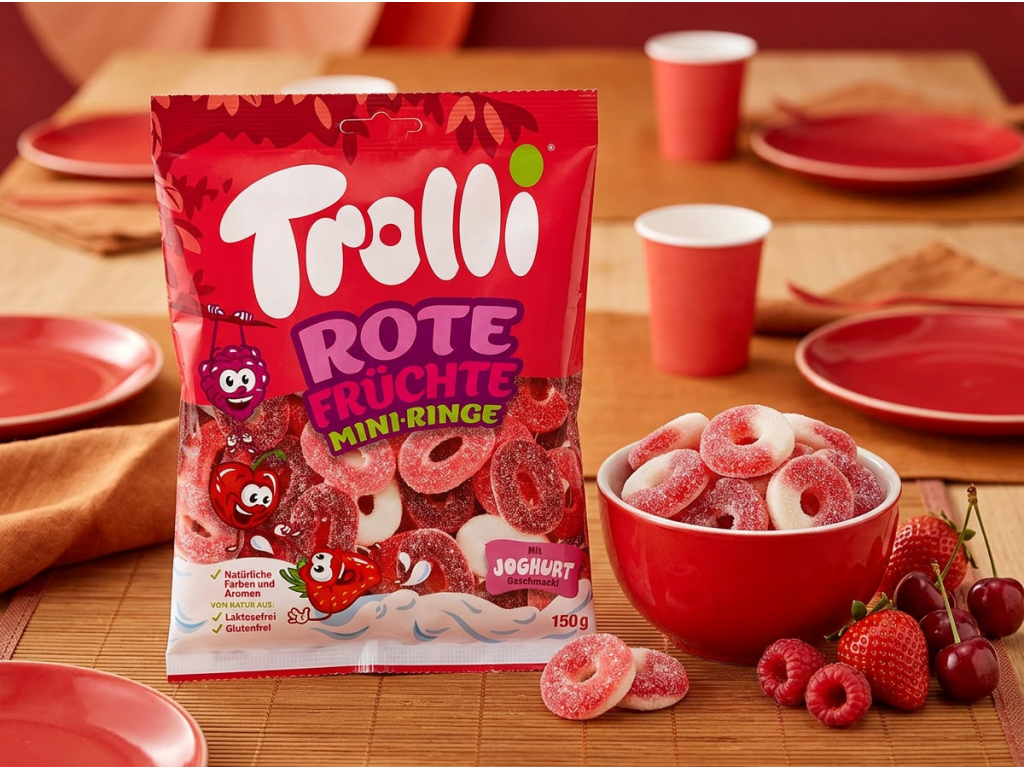 Trolli kroužky s červeným ovocem na snack stole