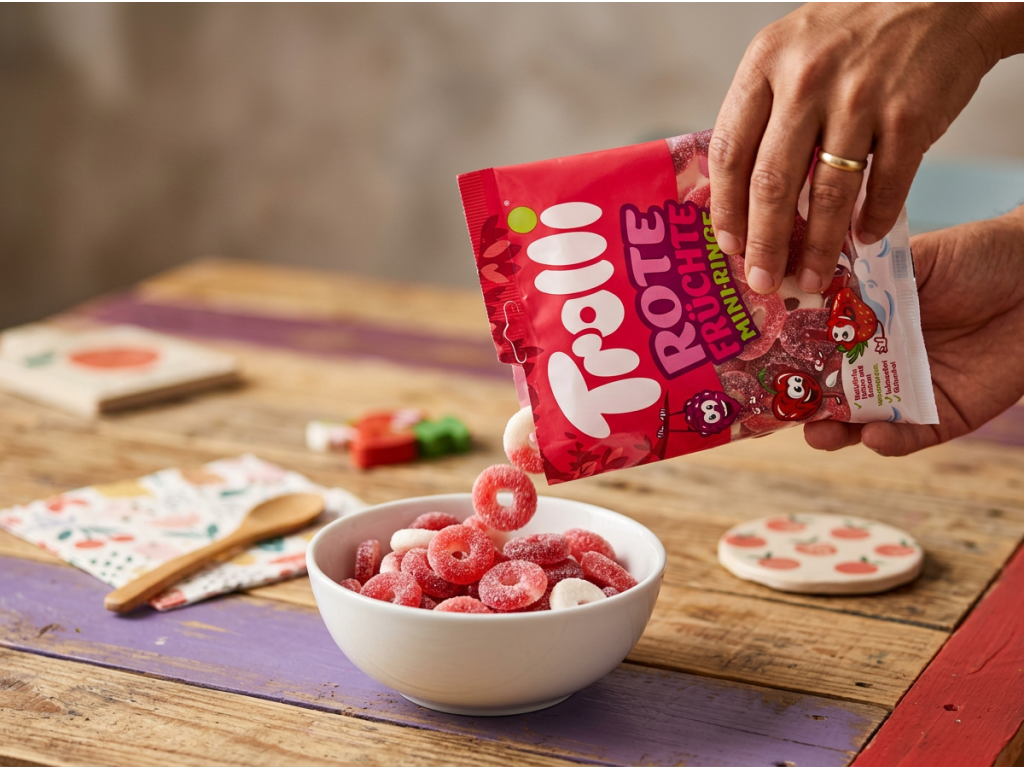 Sypání Trolli ovocných kroužků do misky