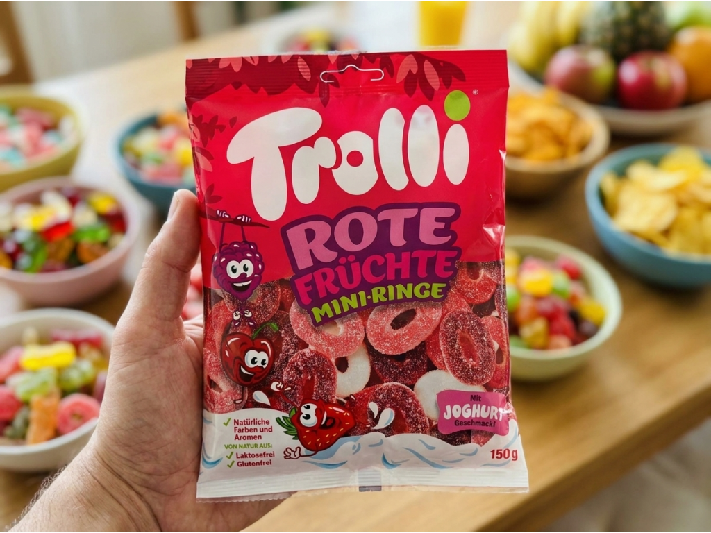 Sáček Trolli kroužků držený v ruce