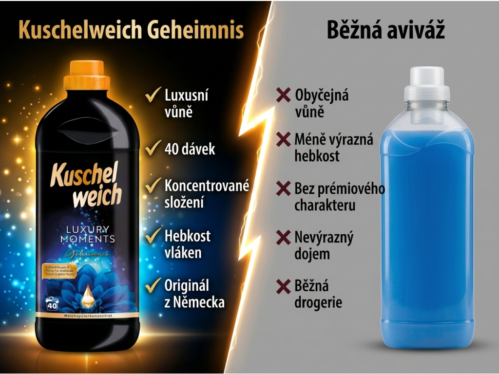 Kuschelweich aviváž Luxury Moments Tajemství 40 dávek 1 l - srovnání s běžnou aviváží