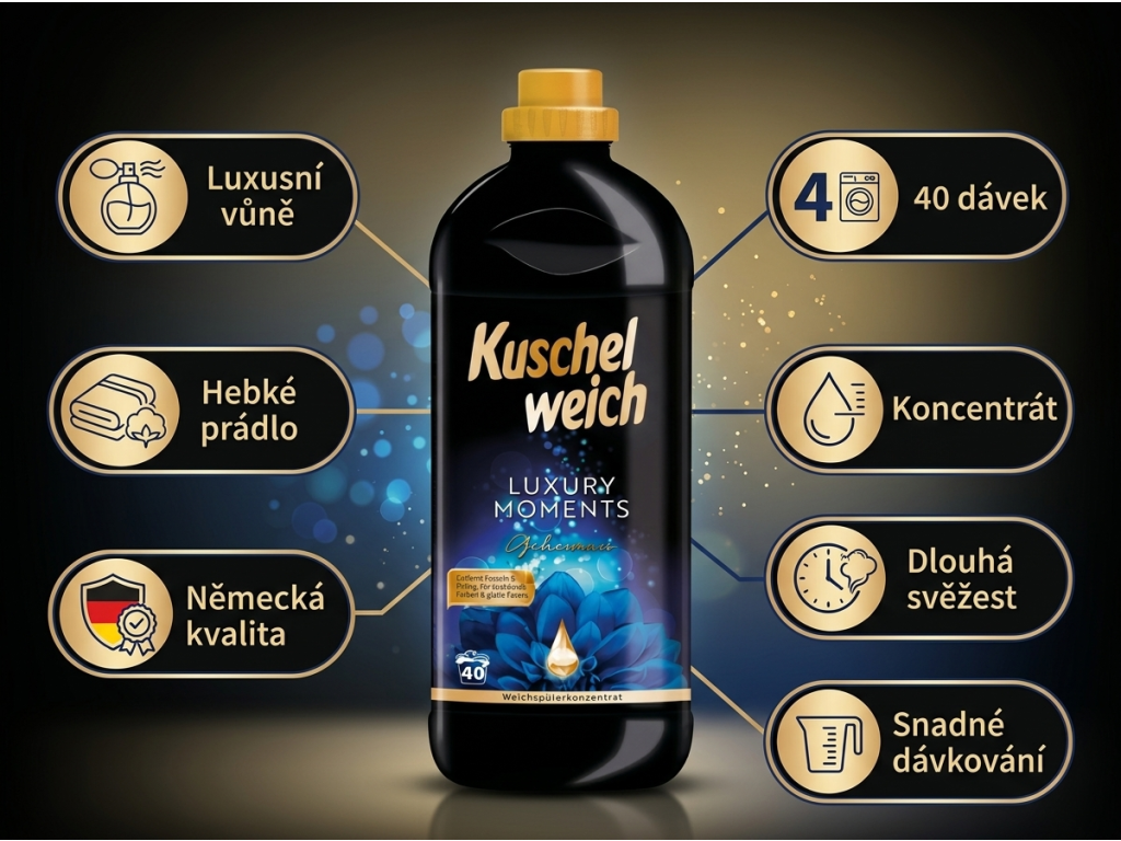 Kuschelweich aviváž Luxury Moments Tajemství 40 dávek 1 l - infografika výhod