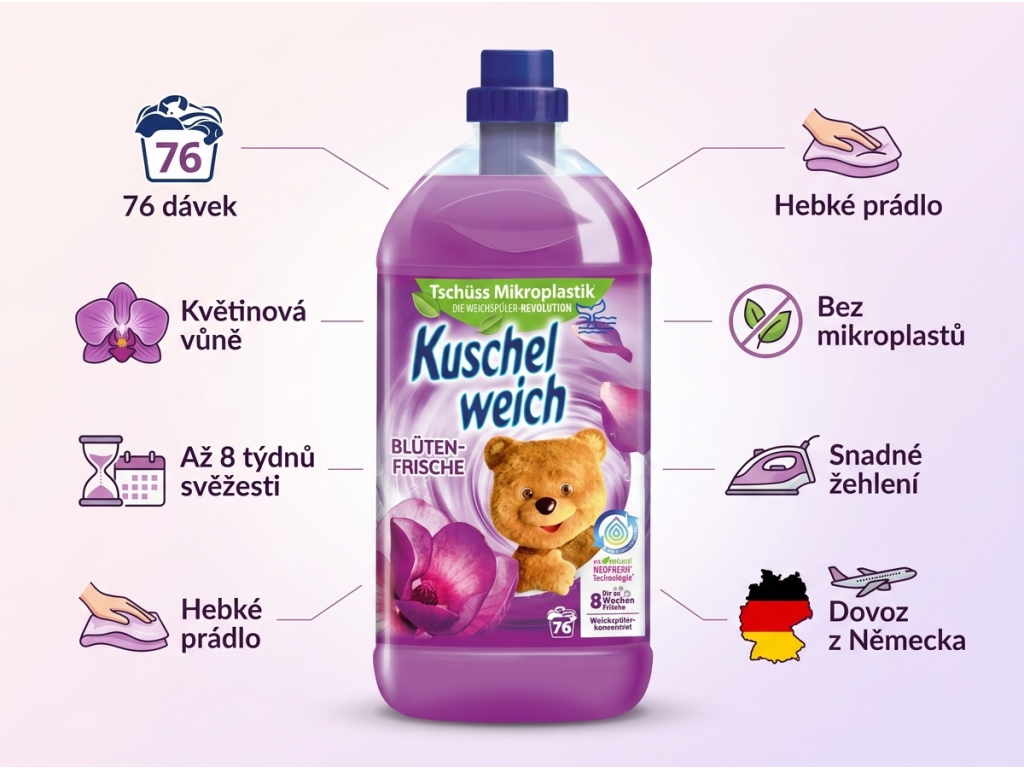 Kuschelweich aviváž s vůní květin 76 dávek 2 l - infografika výhod