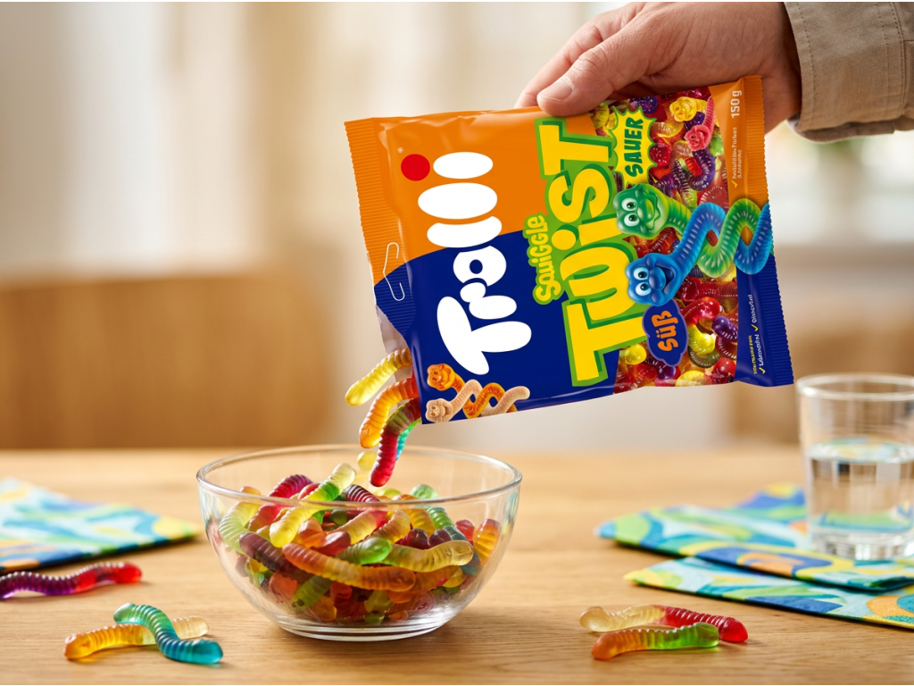 Sypání gumových bonbonů Trolli do misky