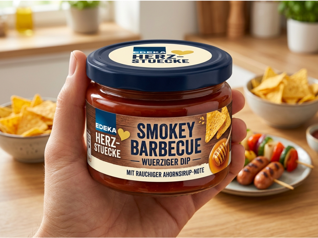 Edeka Dip Smokey Barbecue omáčka 245 ml - skleněná dóza v ruce