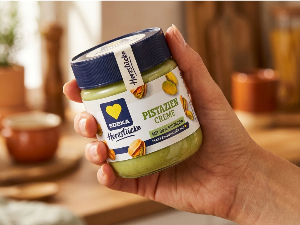 Edeka Pistáciový krém 200 g - sklenice v ruce