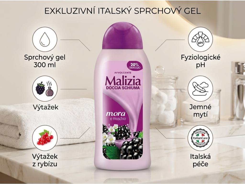 Malizia Mora e Muschio 300 ml - infografika výhod