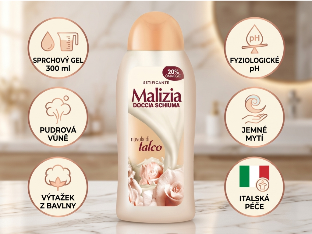 Malizia Talco 300 ml - infografika výhod