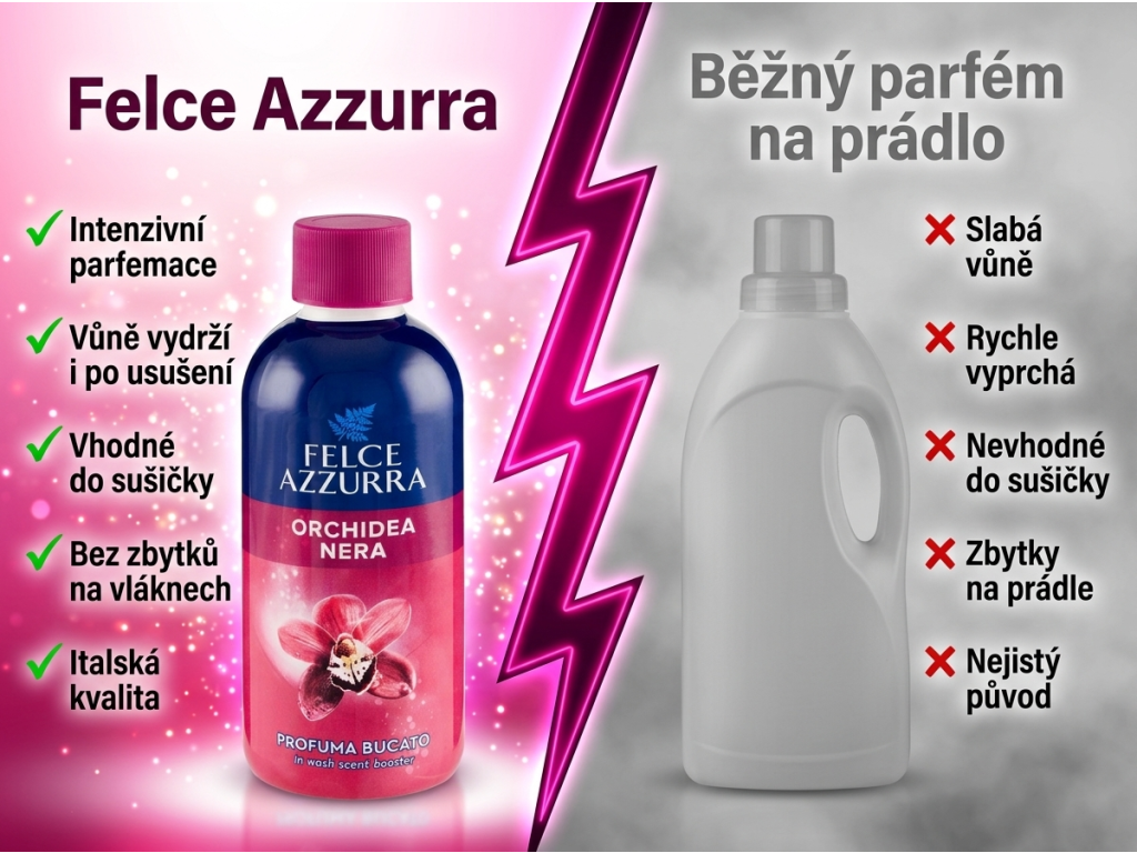 Felce Azzurra Orchidea Nera parfém na prádlo - srovnání s běžným produktem