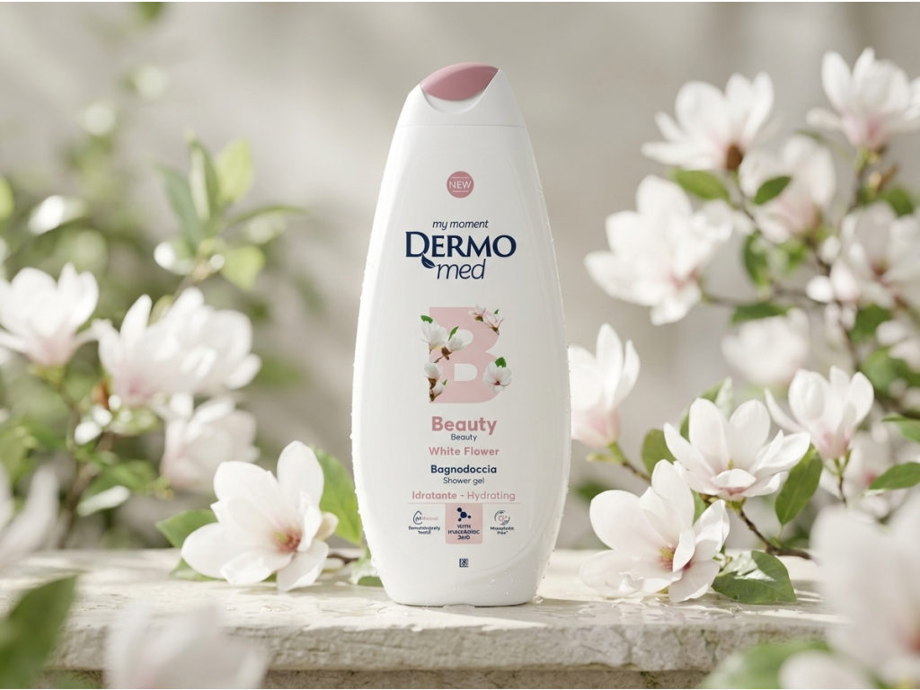 Dermomed White Flower sprchový gel v koupelně s květinami